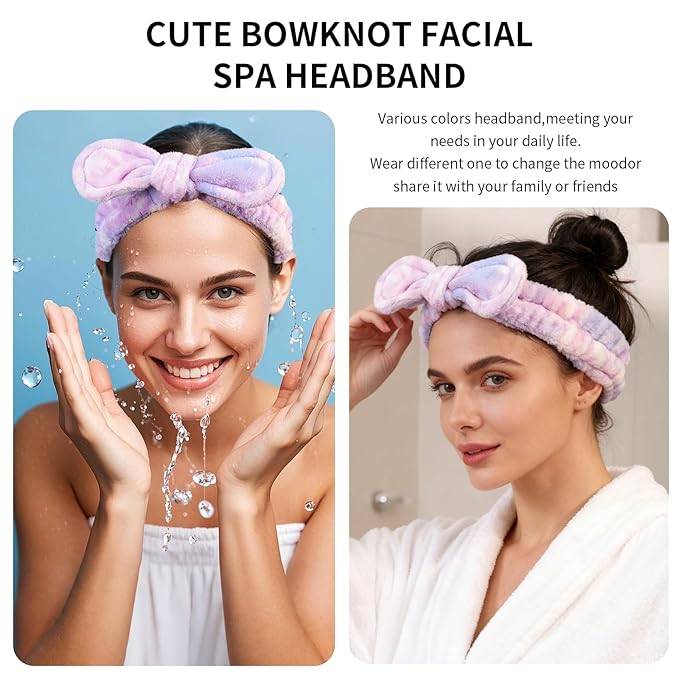 PERFECTSIGHT Kawaii Headband for Spa, Makeup, Washing Face, Party - 2 Pack Cute Bow Hair Band for Shower Beauty Skincare, Soft Facial Headbands for Girls and Women, Rainbow