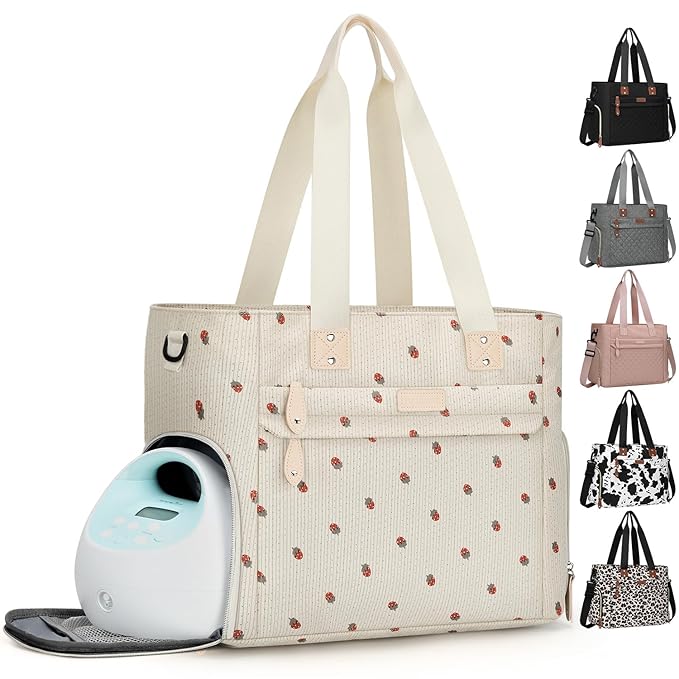 Pritent Large Travel Diaper Bag Tote with 14 Inch Laptop Sleeve, Breast Pump Bag for Mom and Dad, Mommy Maternity Travel Baby Bag for Boys and Girls, Strawberry
