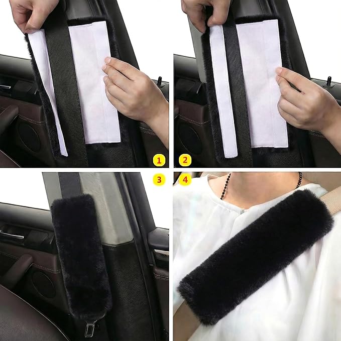 2-Pack Soft Plush Seatbelt Covers for Kids - Comfortable Seat Belt Cushion for Newborns - Car Seat/Stroller Strap Accessories - Enhanced Driving Comfort & Protection (Black)