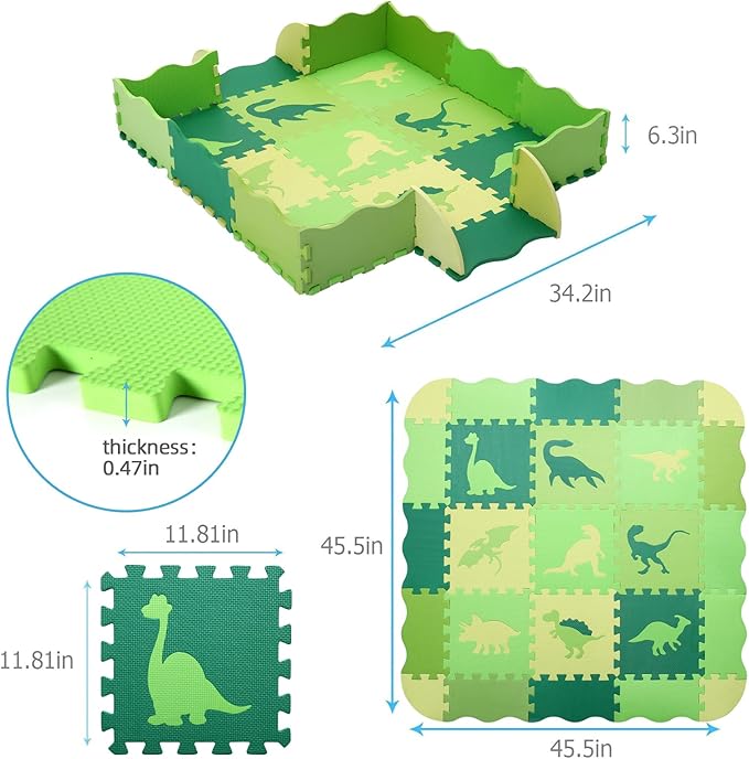 Tamiplay Foam Play Mat for Kids，25Pcs Square Interlocking Puzzle Floor Mat，Baby Play Mat Floor Mat Foam Puzzle Playmat for Toddlers with Fence - Green Dinosaurs