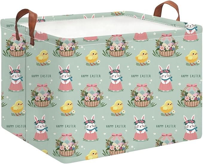HKEC Rectangle Green Easter Basket Empty,Easter Gift Bakset for Egg Hunting,Books Bin with Handles,Room Decor(Pale Green Easter Basket)