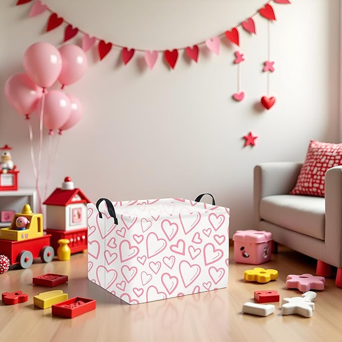 TIBAOLOVER Rectangular Valentines Basket for Home Kitchen Girls Cute Kids Storage Bin Organizer Shelf Book Room Decor(Pink Line Hearts)