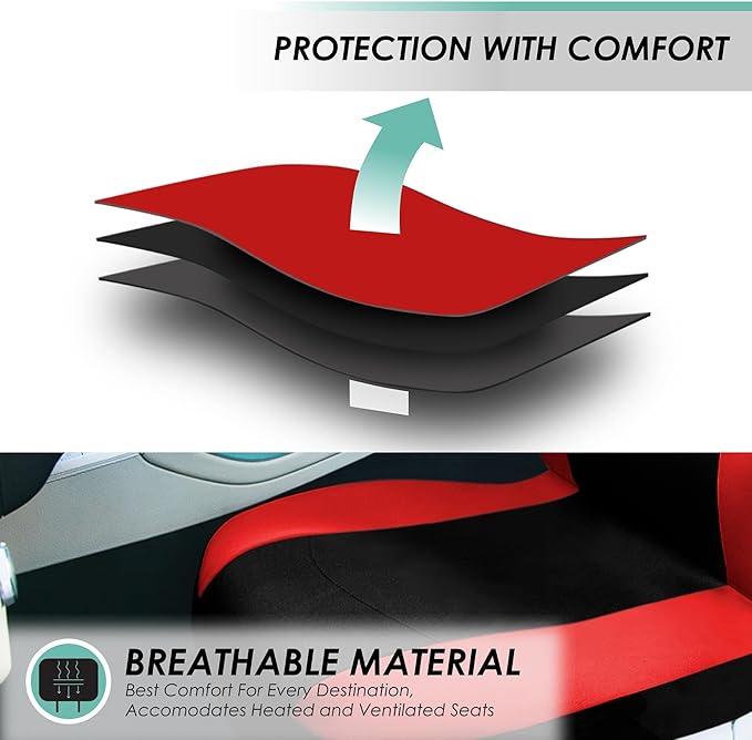 FH Group Car Seat Covers Full Set Cloth, Universal Fit combo, Automotive Covers, Low Back Front Airbag Compatible,Split Bench Rear Seat,Washable Cover for SUV,Sedan,Van Red