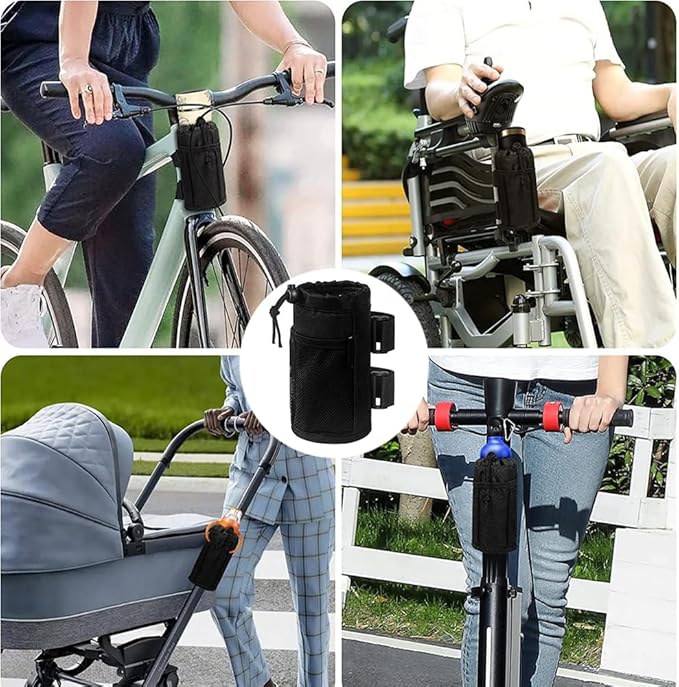 [2 Pack] Cup Holder for Bike,Scooter and Wheelchair,Water Bottle Holder for Walker,Golf Cart and Beach,Universal Drink Holder Accessories with Net Pocket and Cord Lock