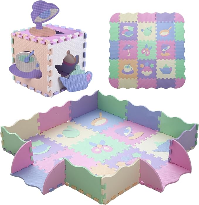 Tamiplay Foam Play Mat for Kids，25Pcs Square Interlocking Puzzle Floor Mat，Baby Play Mat Floor Mat Foam Puzzle Playmat for Toddlers with Fence（Mash Up-CSH023