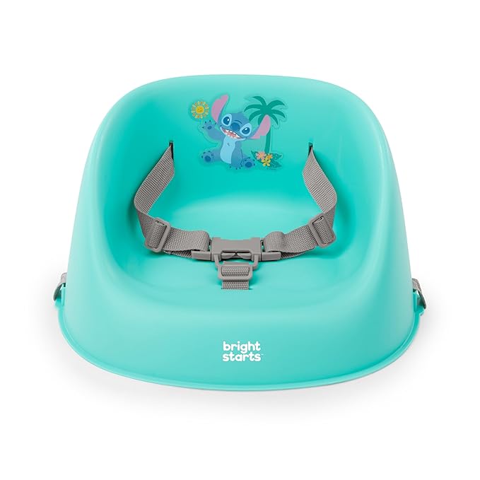 Bright Starts Disney Stitch My Spot Easy-Clean Baby Booster Feeding Chair, 3-Point Harness, Washable Removable Straps, Blue