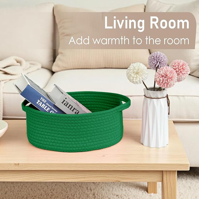 JMvicyroam Woven Basket,Small Rope Storage Bin with Handles & Ribbon Bag, Organizer for Shelves Closets,Gift Basket Empty for Birthday,Books,Dog Toys, Green