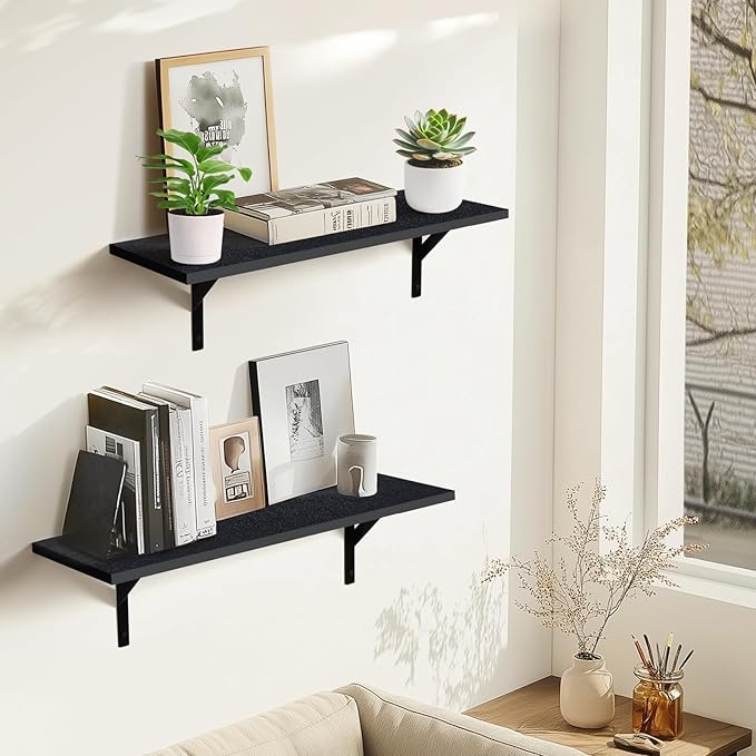Heavy Duty Long Wall Shelves Set of 2, Floating Shelves Wall Mounted with Industrial Brackets, 40lbs Capacity Shelves for Laundry Room, Kitchen, Bathroom, Living Room (24"*8",Black)