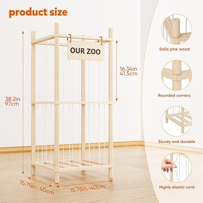 Dayacoco Stuffed Animal Storage, 2 Layer Wood Stuffed Animal Organizer Zoo, Toy Stuffy Storage Bin with Elastic Band and Net for Nursery Play Room Bedroom (Pine Wood)