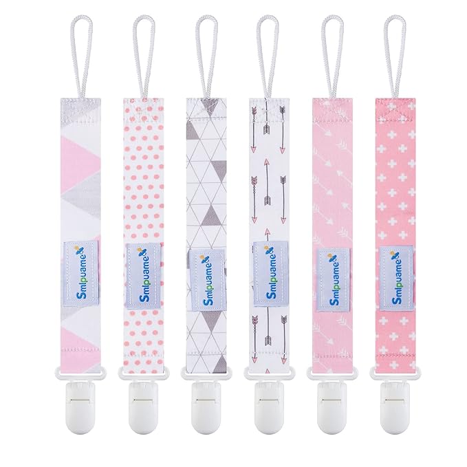 Smlpuame Pacifier Clip Girl,6 Pack Stylish Binky Clips Strap for Baby Girls,Paci Holder with Clip Lightweight Universal Fits Most Pacifiers Teether Toy Teething Ring Soothie,Baby Gifts(Pink & Grey)