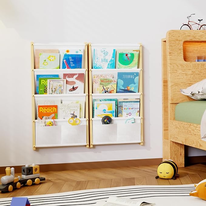 Wood 4-Tier Wall Mounted Kids Bookshelf – Floating Book Shelf For Kids Rooms,Nursery & Classroom, Hanging Bookcase Organizer For Books, Toddler Book Shelf, Montessori Bookshelf, Nursery Shelves
