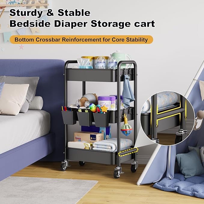 Baby Diaper Caddy Organizer and Storage, 3 Tier Rolling Cart with Wheels for Newborn Nursery Essentials, Baby Organizers for Changing Table, Crib, Bedroom, Movable Bedside Organizatio (Black)