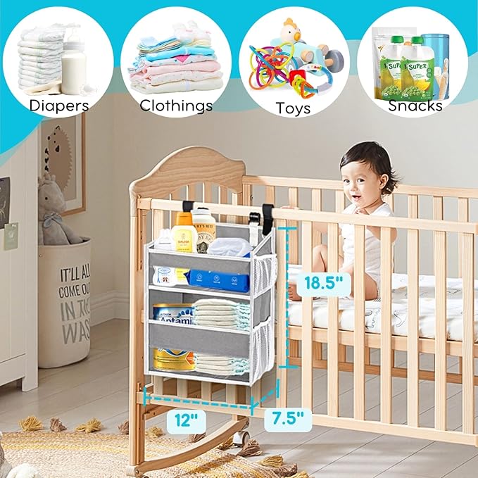 Ofiray-home Hanging Diaper Organizer for Changing Table,Cribs,Car,Playard or Wall & Nursery Organization-Durable 2-Tier Diaper Organizer with Mesh Pockets and Viewable Design, Won't Deform, Light Gray