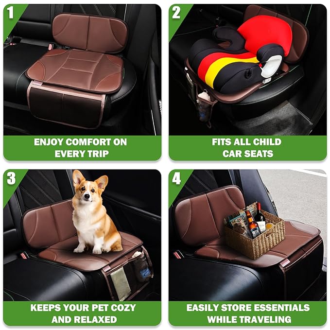 Siivton Car Seat Protector for Kids, Anti-Slip Design, Thick Padding, Prevents Seat Marks, 2 Storage Pockets for Toys & Snacks, Fits Most Cars, Black (Brown, 2 Pack)