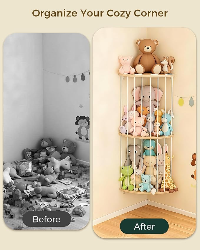 Feagar Three Tier Stuffed Animal Storage Wood Corner Plush Toys Holder, Adjustable Hanging Stuffed Animal Organizer Shelf for Nursery Playroom Bedroom