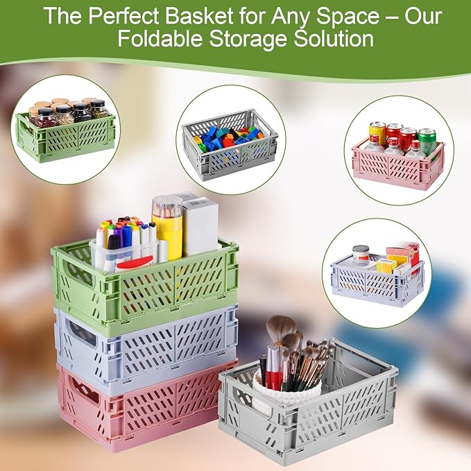 HUUSMOT 2-Pack Small Pastel Plastic Storage Baskets, Collapsible Crates for Organizing, Space-Saving Mini Bins for Classroom, Kitchen, Office, Bedroom (Green, 9.8" x 6.5" x 3.8")
