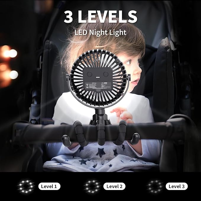 AMACOOL Battery Operated Stroller Fan, Newborn & Baby Travel Essentials, Registry Gifts, Flexible Tripod Clip On Fan with 3 Speeds and Rotatable for Car Seat Crib Bike Treadmill, Beach Essentials