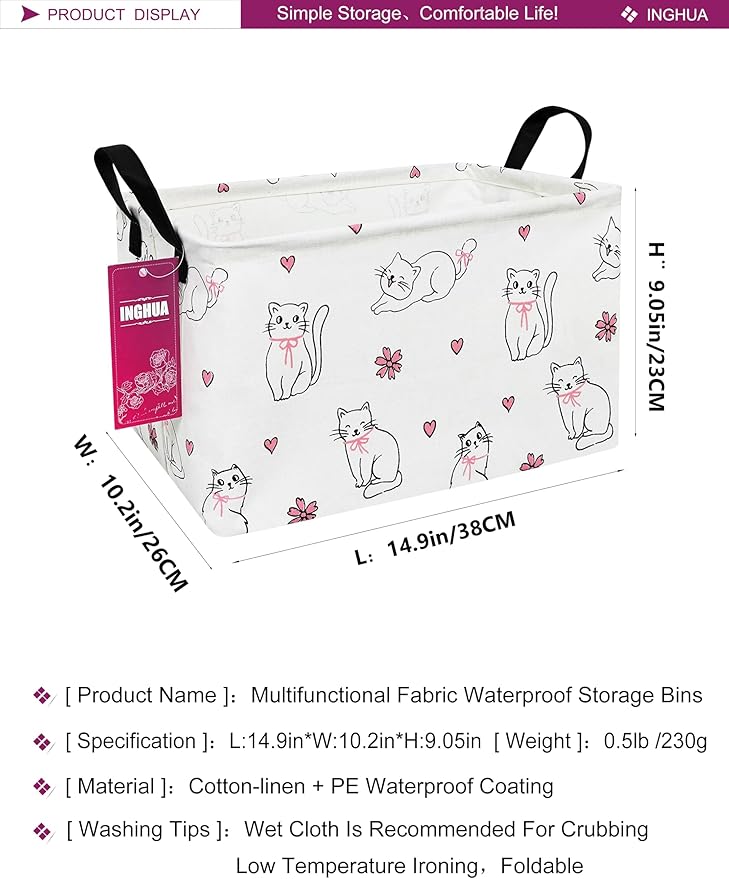 INGHUA Rectangular Storage Basket Fabric Organizer Bin for Toys,Books,Clothes,Gifts,Pets-Perfect for Home,Office,Nursery,Dorm,Shelf(Rec-Love cat )