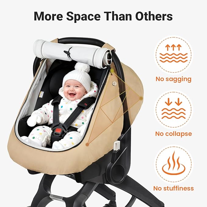 Rquite Car Seat Cover Baby, Winter Carseat Covers Boy Girl, Waterproof Infant Car Seat Cover Warm Car Seat Canopy for Cold Weather, Windproof Baby Carrier/Stroller Cover with 2 Layers Windows, Khak