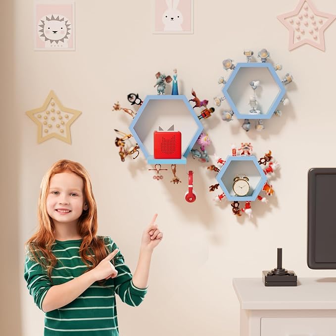 Hexagon Tonies Shelf Magnetic - Tonies Storage Shelf Set of 3 for Kid Room, Wooden Magnetic Display Shelf for TonieBox Holder, Wall Floating Shelves Toy Storage Compatible with Tony Accessories(Blue)