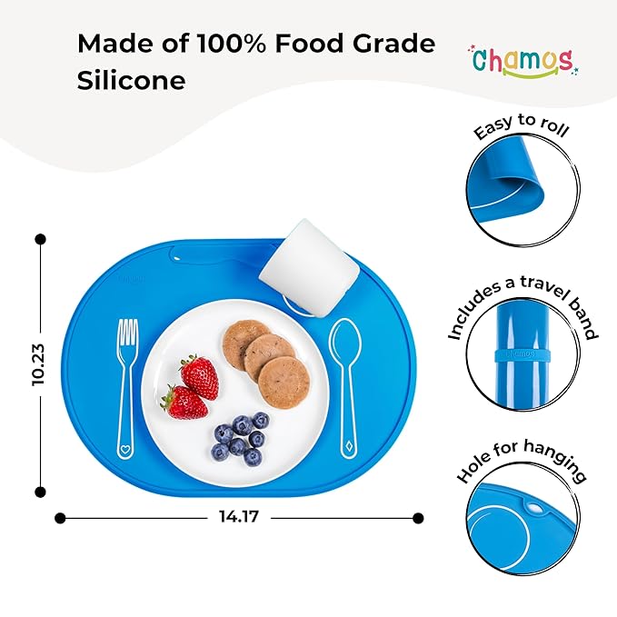 CHAMOS Silicone placemats for Toddlers - Montessori placemat for Round Table - Oval Kids placemats for Dining Table - Non Slip, Small, Educational placemats (Blue), 14.17x10.23 inch