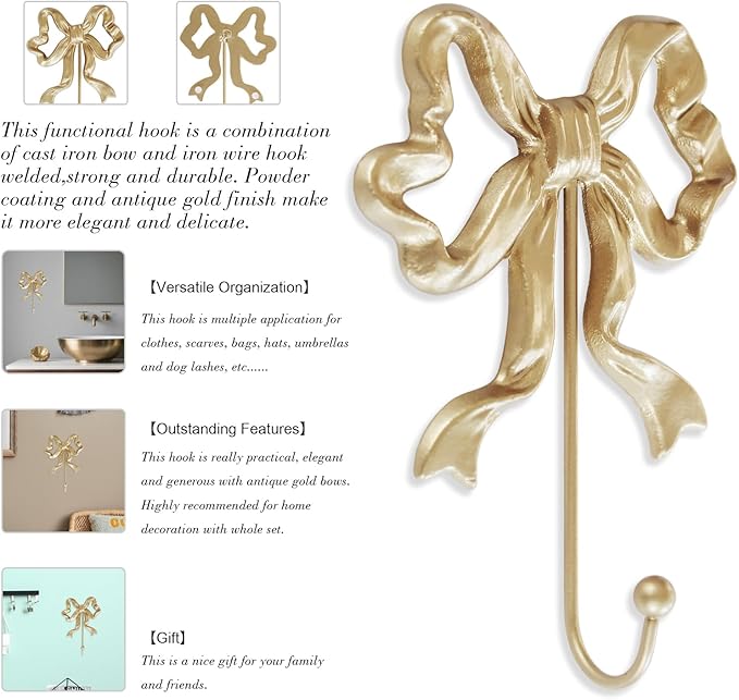 Single Bow Hook,Wall Mounted Functional Hook,Antique Gold Cast Iron Hooks for Coats,Hats,Bags, Bath Towels,Room Decorations,Hallway,Bathroom,Kitchen,Office (Large Single Bow Hooks:5x7.3 inches)