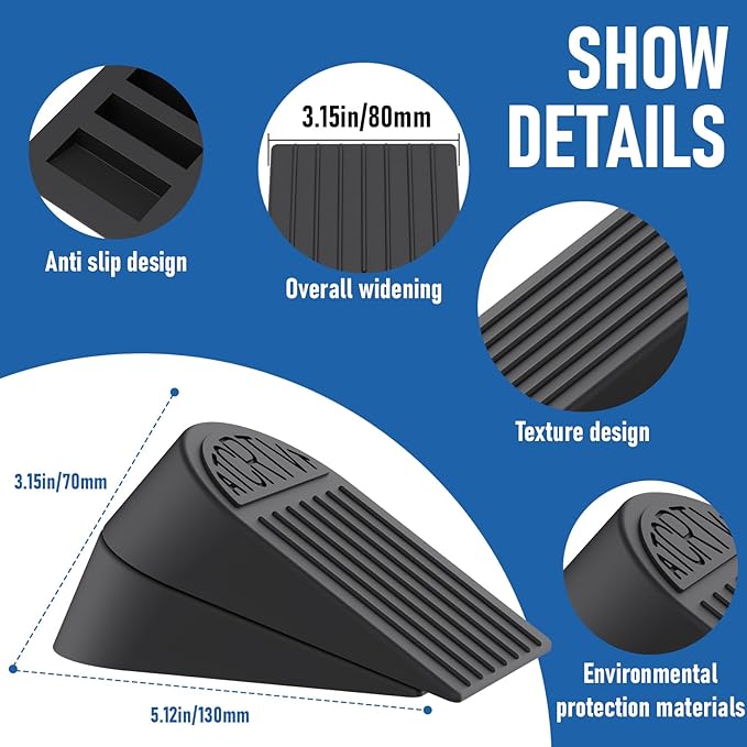 Rubber Widened Door Stopper Wedge – 2 Pack Black Door Stoppers Wedge for Bottom of Doorstop, Door Stop for Heavy Duty Doors with Self Adhesive Holder Ideal for Commercial & Home,Schools, Offices