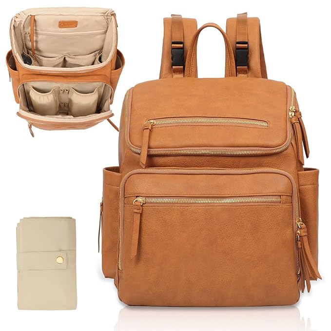 Omanmoli Diaper Bag Backpack Large Baby Diaper Bag Leather with 17 Diaper Bag Organizing Pouches,Changing Pad,Stroller Straps,4 Insulated Pockets,Honey