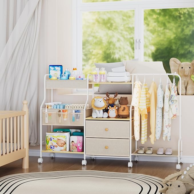 BBLIKE Diaper Caddy Organizer with Hanging Rack - 3 Tier Rolling Utility Cart with Drawers and Dividers for Baby Bottle Storage - Bedside Cart for Changing Station, Crib, Nursery, Bedroom, Beige