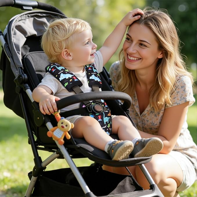 3 Pcs Car Seat Stroller Straps Pads for Baby, Newborn Soft Shoulder Strap and Crotch Covers, Universal Shoulder Straps Pads for Car Seat, Pushchair, High Chair (Dinosaur)