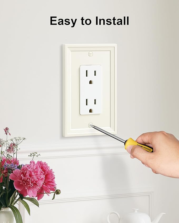 6-Pack Decorator Outlet Cover Plate, Light Almond Modern Decorative Switch Plates and Outlet Covers, Natural Bamboo Fiber Wall Plates for Electrical Outlets