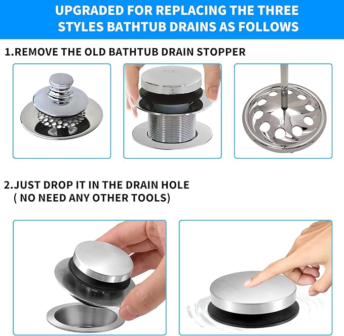 Bathtub Drain Stopper, Tub Stopper/Bathtub Plug for Tip Toe/Trip Lever/Lift&Turn Tub Drains, Bath Tub Drain Stoppers Designed for 1.5"-1.72" Drain Hole w/3 O-Rings,Chrome Plated