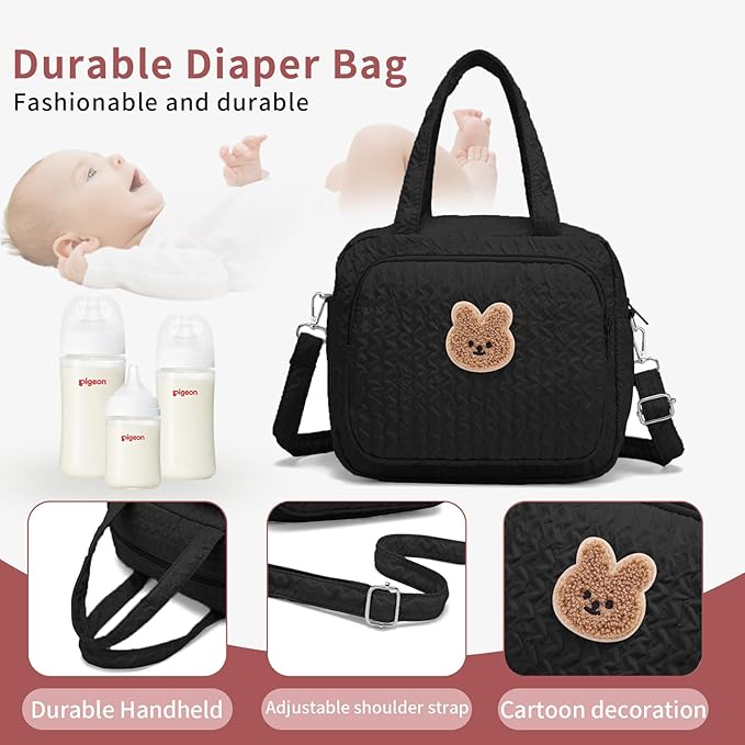 Small Diaper Bag Tote, Crossbody Diaper Bag Mini Purse with 8 Pockets, Travel Baby Bag for boys & Girls, 2 Insulated Pockets, Black