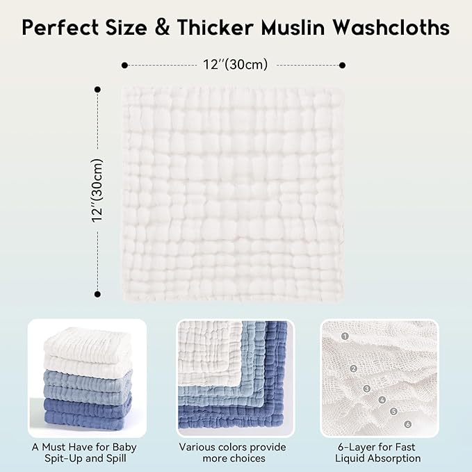 Unnivoll Muslin Burp Cloths Baby 12''X12'', Baby Washcloths 6 Pack, 100% Cotton Baby Wash Cloths Absorbent and Soft for Newborn Infants Kids Boys Girls - Gradient Blue