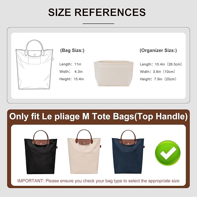 Premium Felt Purse Organizer Insert for Longchamp Le Pliage M Top Handle Tote Bag, Lighweight Long Champ Medium Tote Divider with Zipper Pocket,Bags Storage Shaper with 7 Pockets,SM/Beige