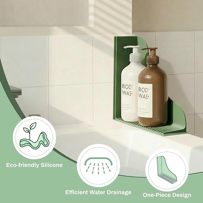 Roslim 2-Pack All-Silicone Shower Splash Guard, Bath Tub Corner Water Blocker with Strong Suction Cups, Reusable & No Sticky Adhesive, for a Secure Seal & Easy Removal, One-Piece Design, Olive Green