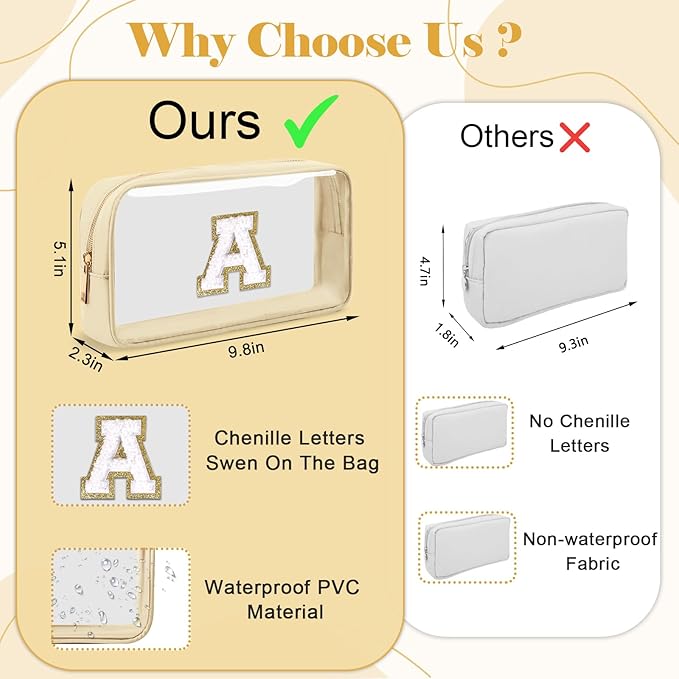 Personalized Initial Letter Clear Makeup Bag,Preppy Small Nylon&PVC Cosmetic Zipper Bag with Chenille Letter,Portable Beach Travel Skincare Toiletry Bag,Trendy Monogram Gift for Teen Girls Women,R