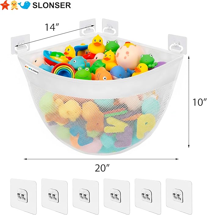 Bath Toy Holder Corner, Kids Bath Toy Net for Tub, Bathtub Holder Basket, Storage Bin Hammock Organizer, Shower Caddy Hanging Mesh Bag, Baby Bathroom Storage with 6 Adhesive Wall Hooks