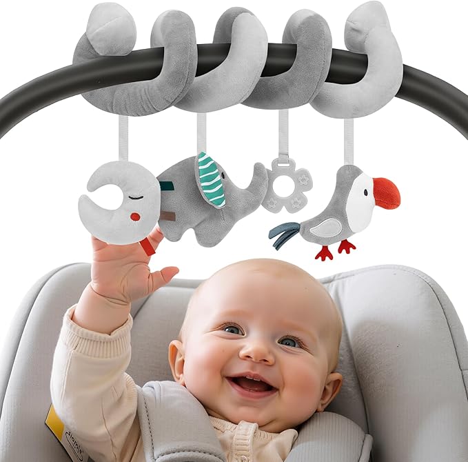 FPVERA Car Seat Toys for Babies 0-6 Months: Travel Baby Toy for Soft Hanging Toys for Carseat, Spiral Stroller Activity Toy Plush for Infant Boys Girls, Grey Elephant
