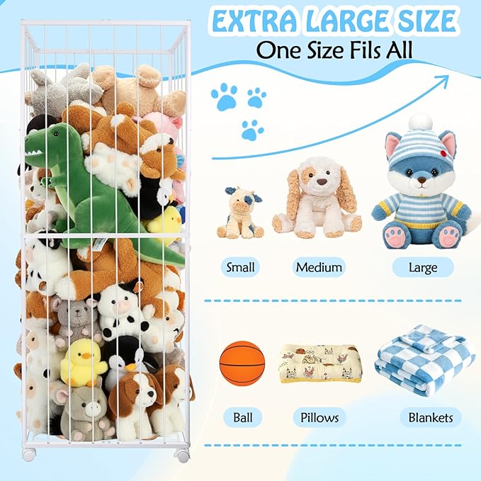 BETBEM Stuffed Animal Storage, Metal Tube Extra Large Toy Storage Organizer with Brake Wheels, Stuffed Animal Holder Zoo Organizer for Nursery Playroom Kids Room White(61” x 23.6”x 16.5”)