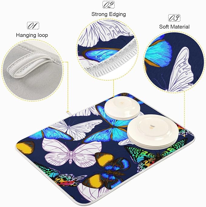 Absorbent Dish Drying Mat for Kitchen Counter - Blue Butterfly Microfiber Drying Pad, Reversible Drainer Mats for Countertop, Small 16" x 18"