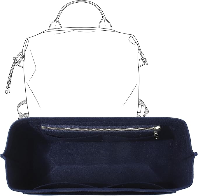 Premium Felt Purse Organizer Insert Compatible with Long Champ Le Pliage L Backpack, Lightwieight Bag Divider Shaper with 8 Pockets & YKK Zipper, Blue/LB
