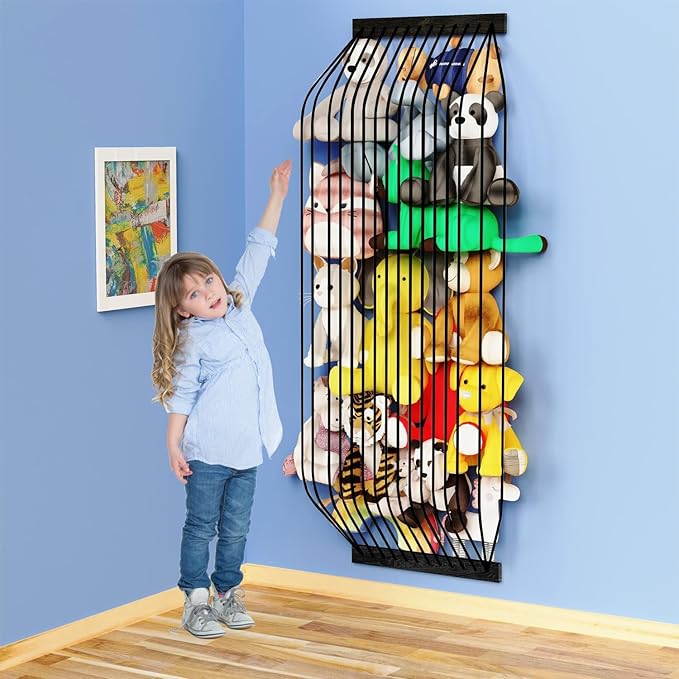 Stuffed Animal Storage Wooden Soft Toy Storage for Kids Room，Wall Mount Door Hanging Stuffed Animal Toy Organizer Shelf for Nursery Play Room Black -Patent