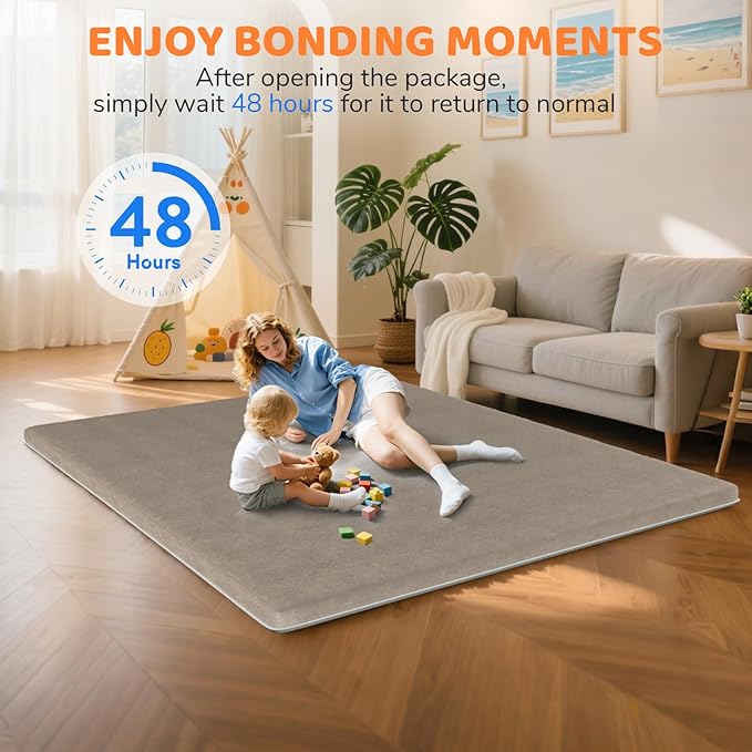 Omzer Baby Play Mat for Floor: Soft & Safe - 1.3'' Thick Foam Playpen Mats with Machine Washable Removable Cloth Cover for Tummy Time - Non Slip Crawling Pad for Toddler, Infant, Kids (Khaki, 65''x 50'')