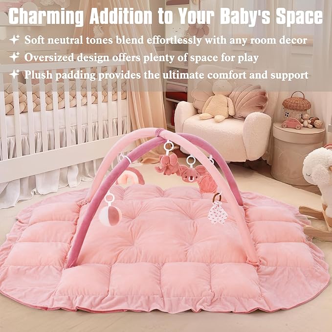 5-in-1 Plush Baby Play Gym, Baby Play Mats, Convertible Baby Gym, Tummy time mat, 6 Sensory Toys, Activity Center, Ball Pit, Light Pink