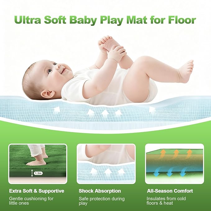 Ultra Soft Baby Play Mat for Floor, 59"×71" Playpen Mat, 1.3" Thick Memory Foam, Non-Slip Tummy Time Mat for Infants, Toddlers, and Kids – Water-Repellent Coral Velvet, Easy Care