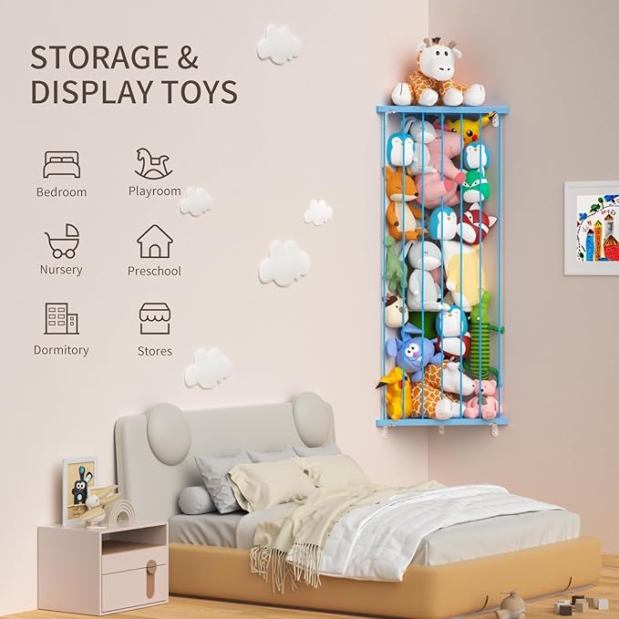 Stuffed Animal Storage Toy Organizer(Patented) - Large Corner Stuffed Animal Holder Length Adjustable - Wall Plush Storage for Nursery Playroom Bedroom Kids Room (Blue)