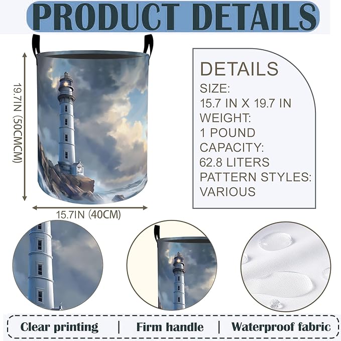 Lighthouse Laundry Basket Hamper 19.7"x15.8", Coastal Ocean Foldable Waterproof Oxford Clothes Storage Bucket for Room Bathroom Bedroom Nursery Decor, Toy Organizer Bins Gifts for Kids Boys Girls