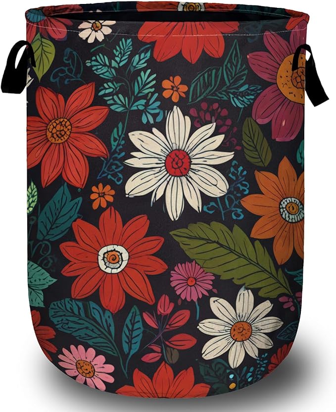 Colorful Flowers Leaves Laundry Basket, Laundry Hamper Collapsible Oxford Cloth with Handle Clothes Toy Storage Bin for Bathroom Laundry Room Bedroom 15.7 X 20 Inch
