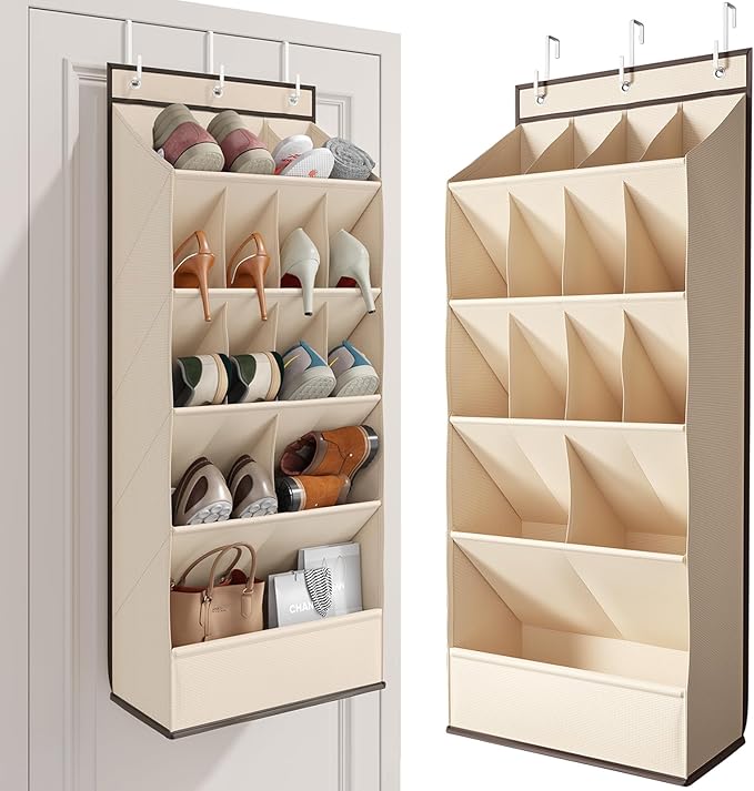 Mefirt Over the Door Shoe Rack with Large Deep Pockets, Door Shoes Organizer for Closet, Hanging Boots Shoe Rack, Behind the Door Narrow Shoe Holder, Multiple Pockets for Flexible Storage, Beige ﻿